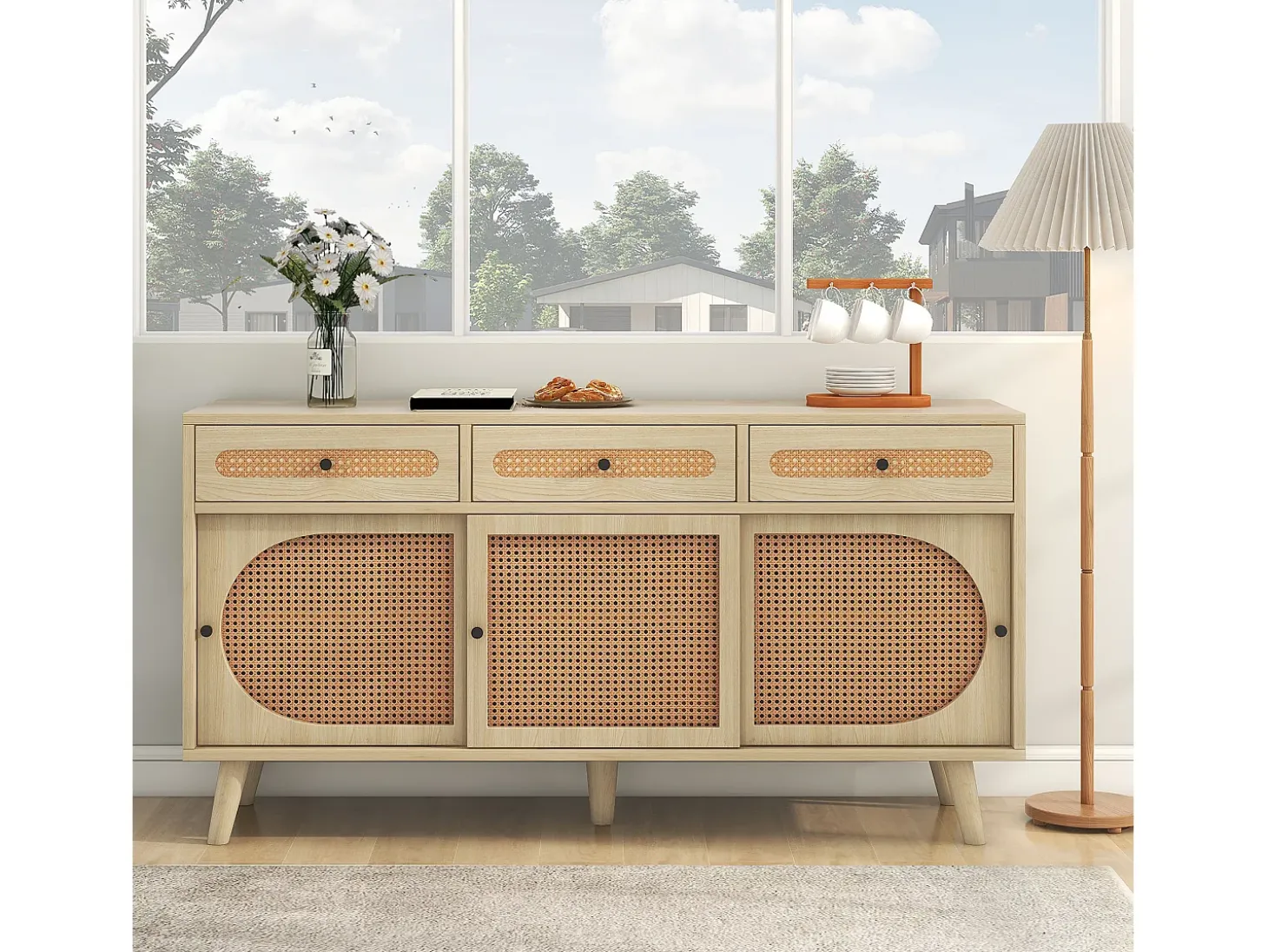 Aparador natural, 140x40x78 cm, con 3 cajones y 3 puertas correderas, estantes regulables