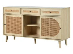 Aparador natural, 140x40x78 cm, con 3 cajones y 3 puertas correderas, estantes regulables