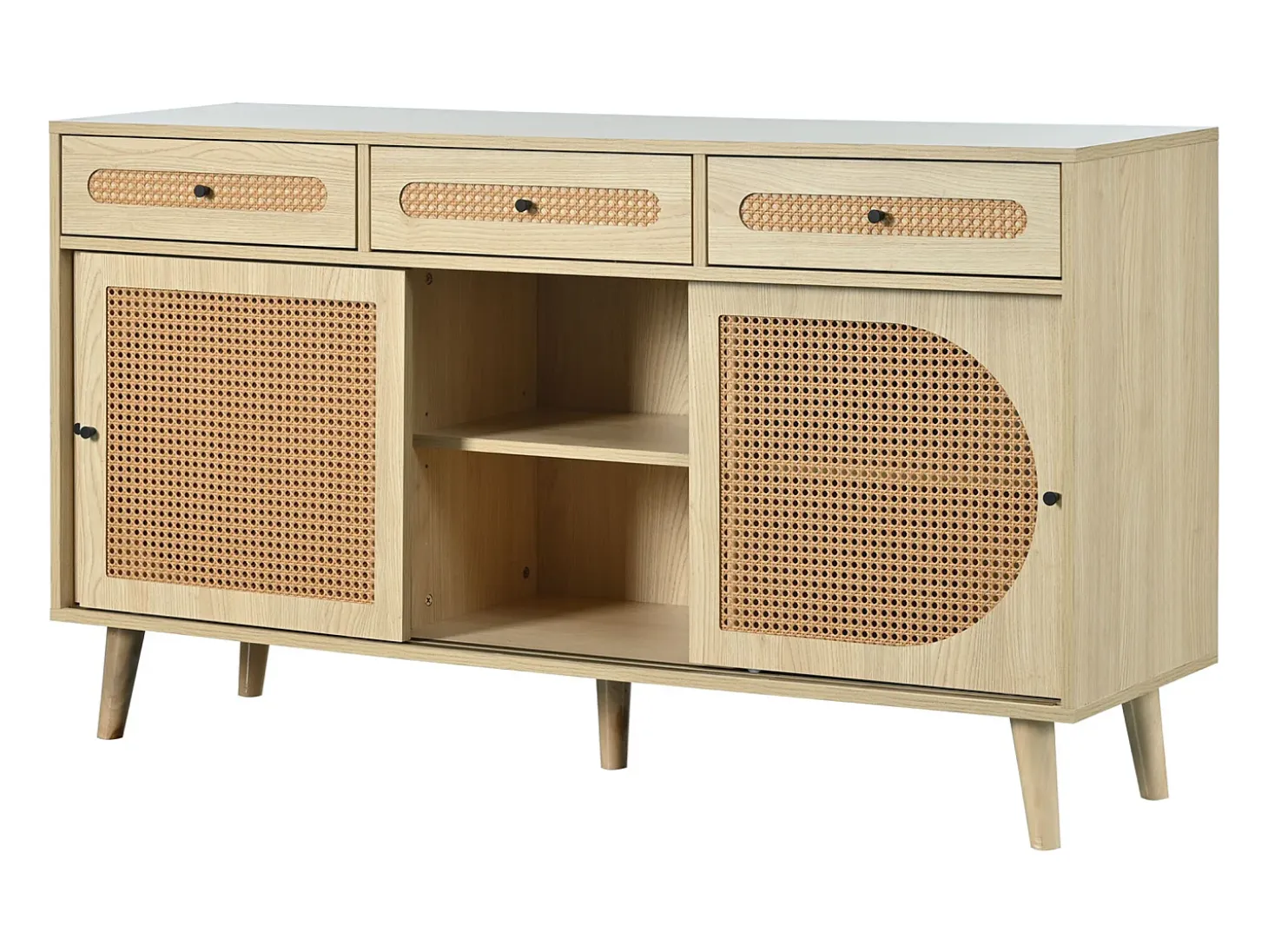 Aparador natural, 140x40x78 cm, con 3 cajones y 3 puertas correderas, estantes regulables