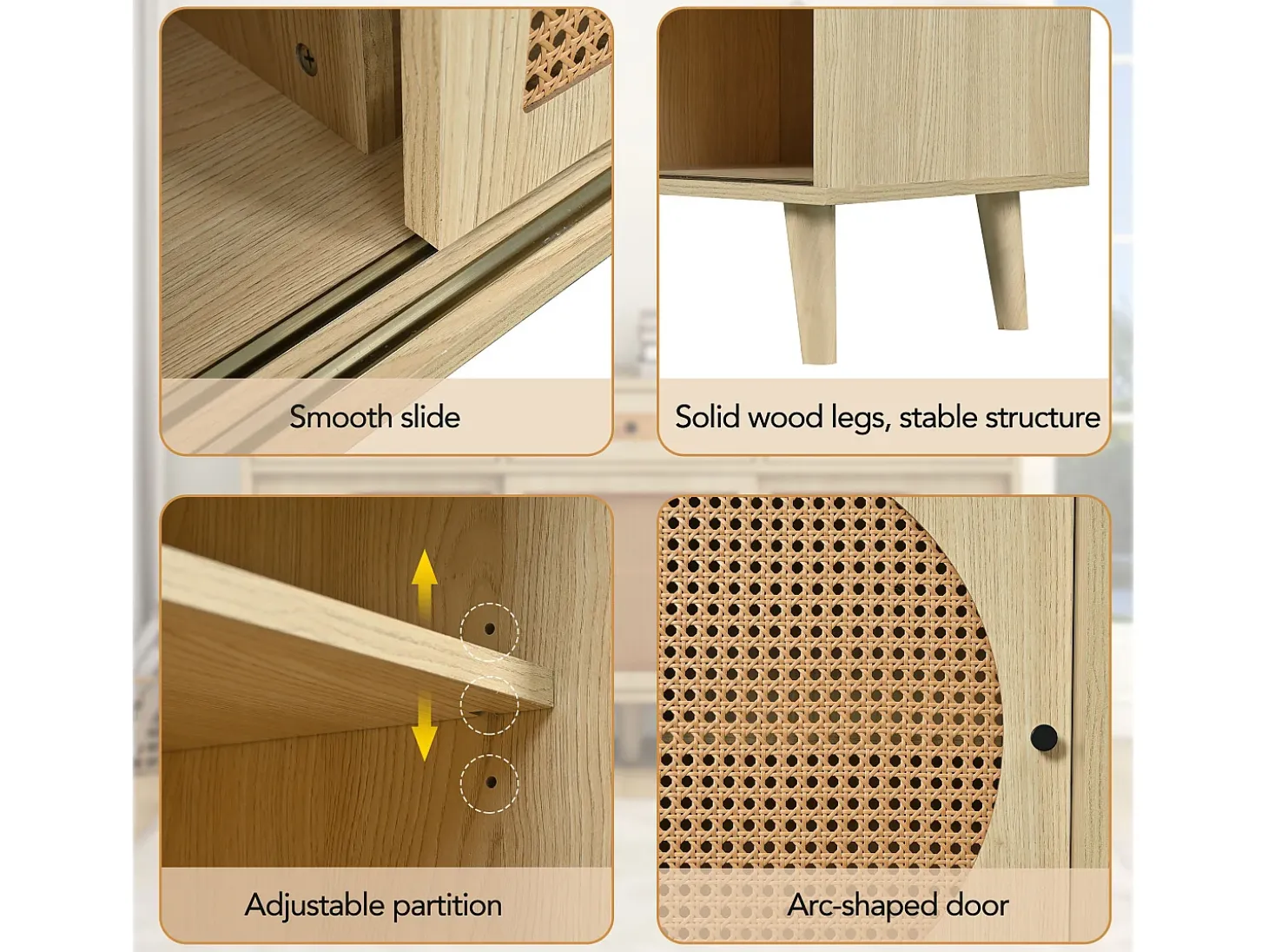 Aparador natural, 140x40x78 cm, con 3 cajones y 3 puertas correderas, estantes regulables