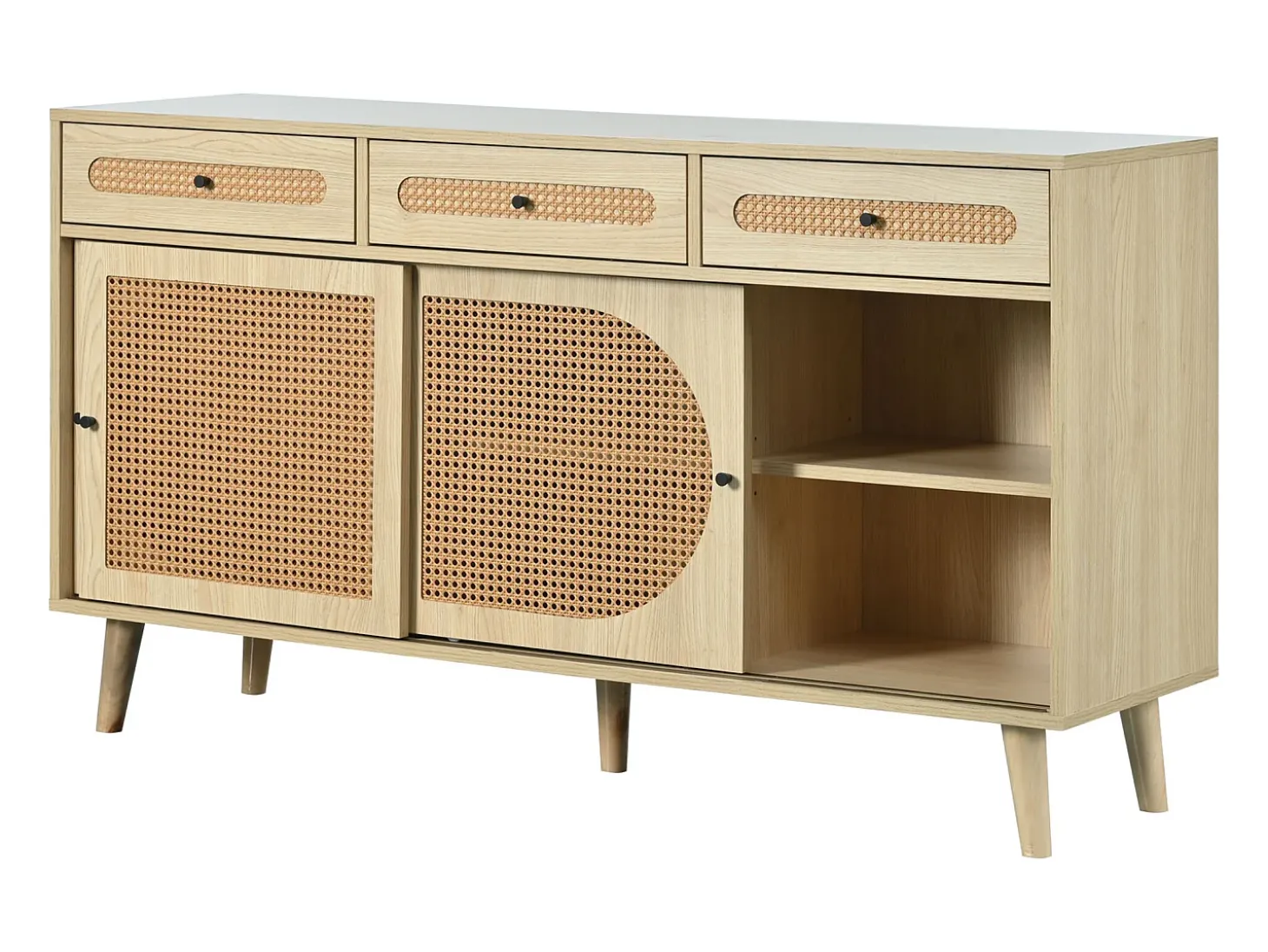 Aparador natural, 140x40x78 cm, con 3 cajones y 3 puertas correderas, estantes regulables