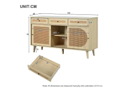 Aparador natural, 140x40x78 cm, con 3 cajones y 3 puertas correderas, estantes regulables