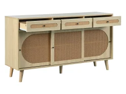 Aparador natural, 140x40x78 cm, con 3 cajones y 3 puertas correderas, estantes regulables
