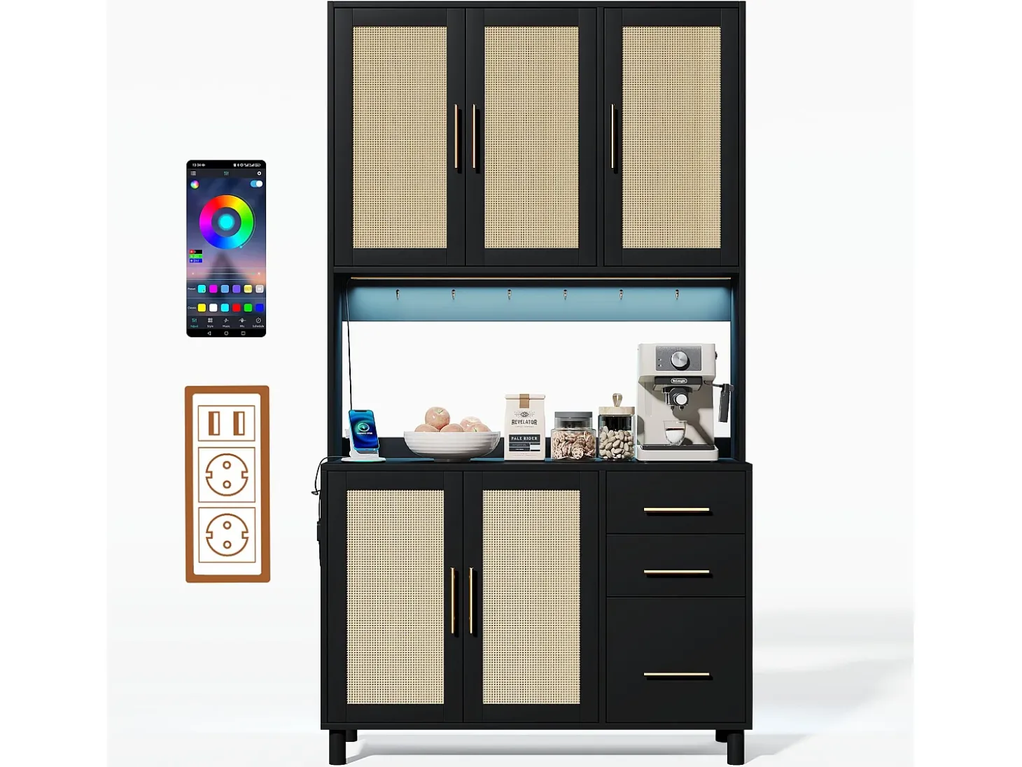 Aparador negro - Aparador con 3 cajones y 5 puertas - estantes ajustables y carga USB - para comedor
