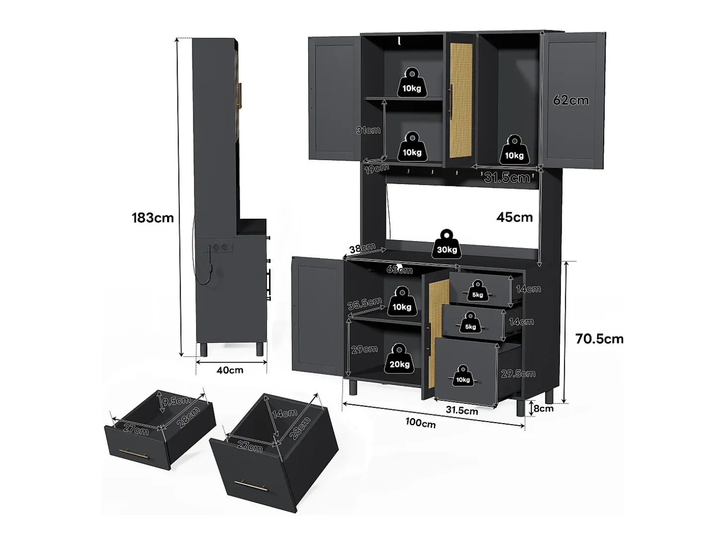 Aparador negro - Aparador con 3 cajones y 5 puertas - estantes ajustables y carga USB - para comedor