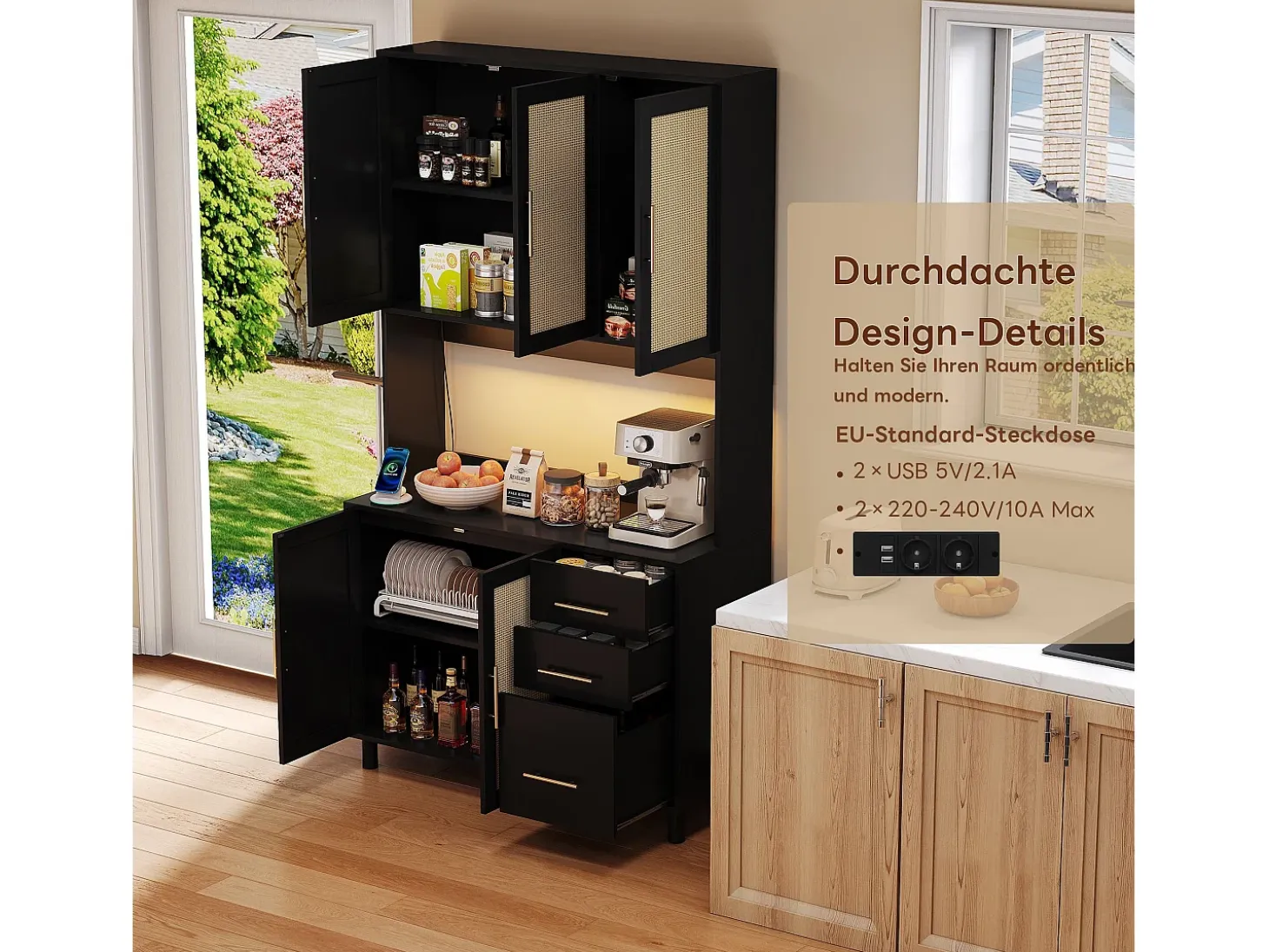Aparador negro - Aparador con 3 cajones y 5 puertas - estantes ajustables y carga USB - para comedor