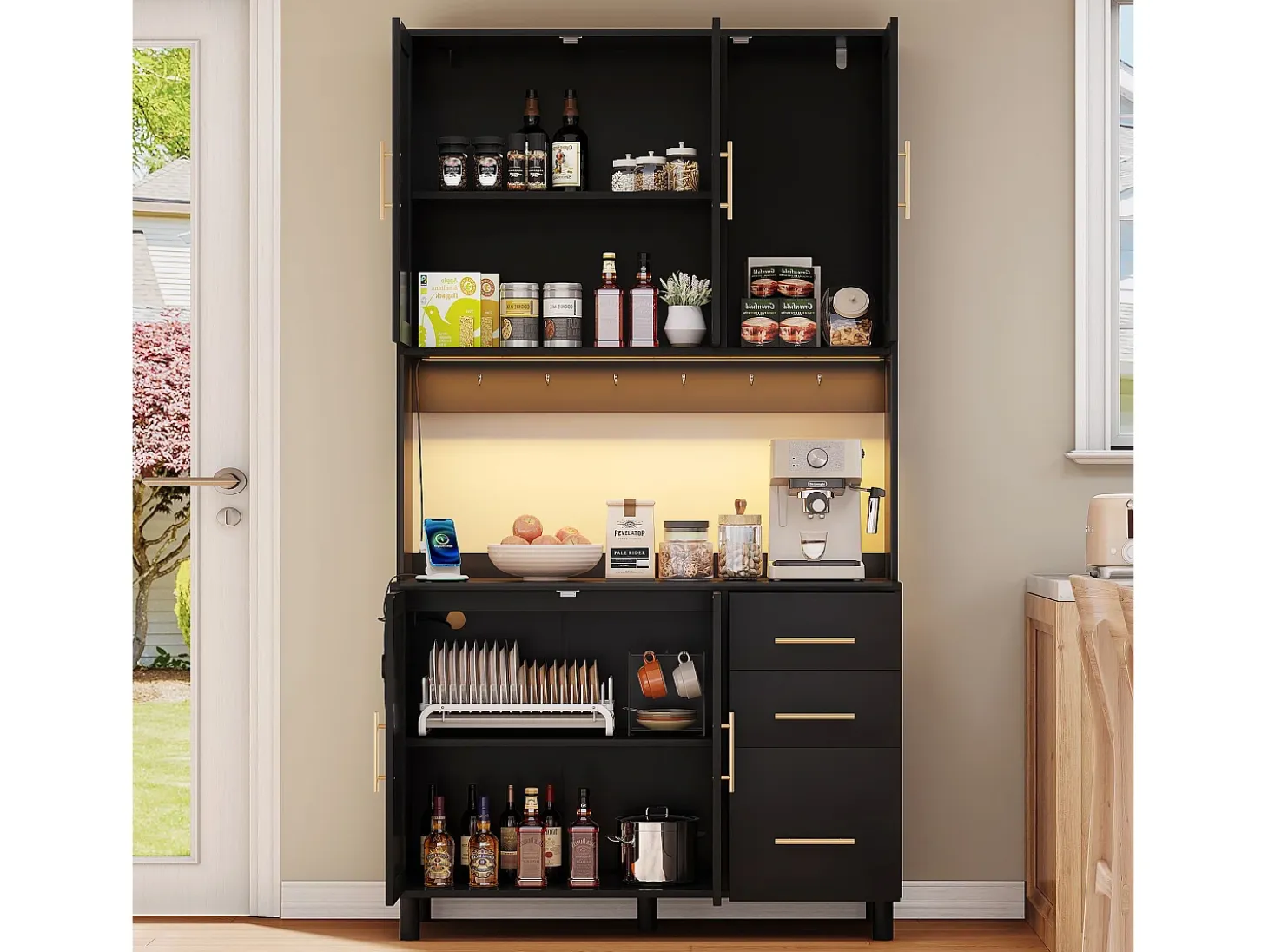 Aparador negro - Aparador con 3 cajones y 5 puertas - estantes ajustables y carga USB - para comedor