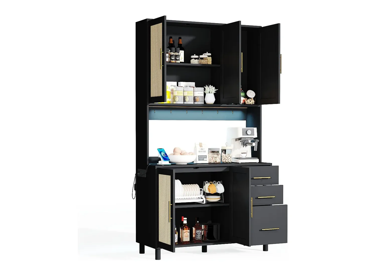 Aparador negro - Aparador con 3 cajones y 5 puertas - estantes ajustables y carga USB - para comedor