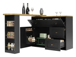 Aparador negro, aparador de cocina con encimera giratoria, 2 puertas y 2 cajones - tiradores dorados