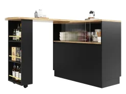 Aparador negro, aparador de cocina con 2 puertas de cristal y 2 de MDF, encimera giratoria