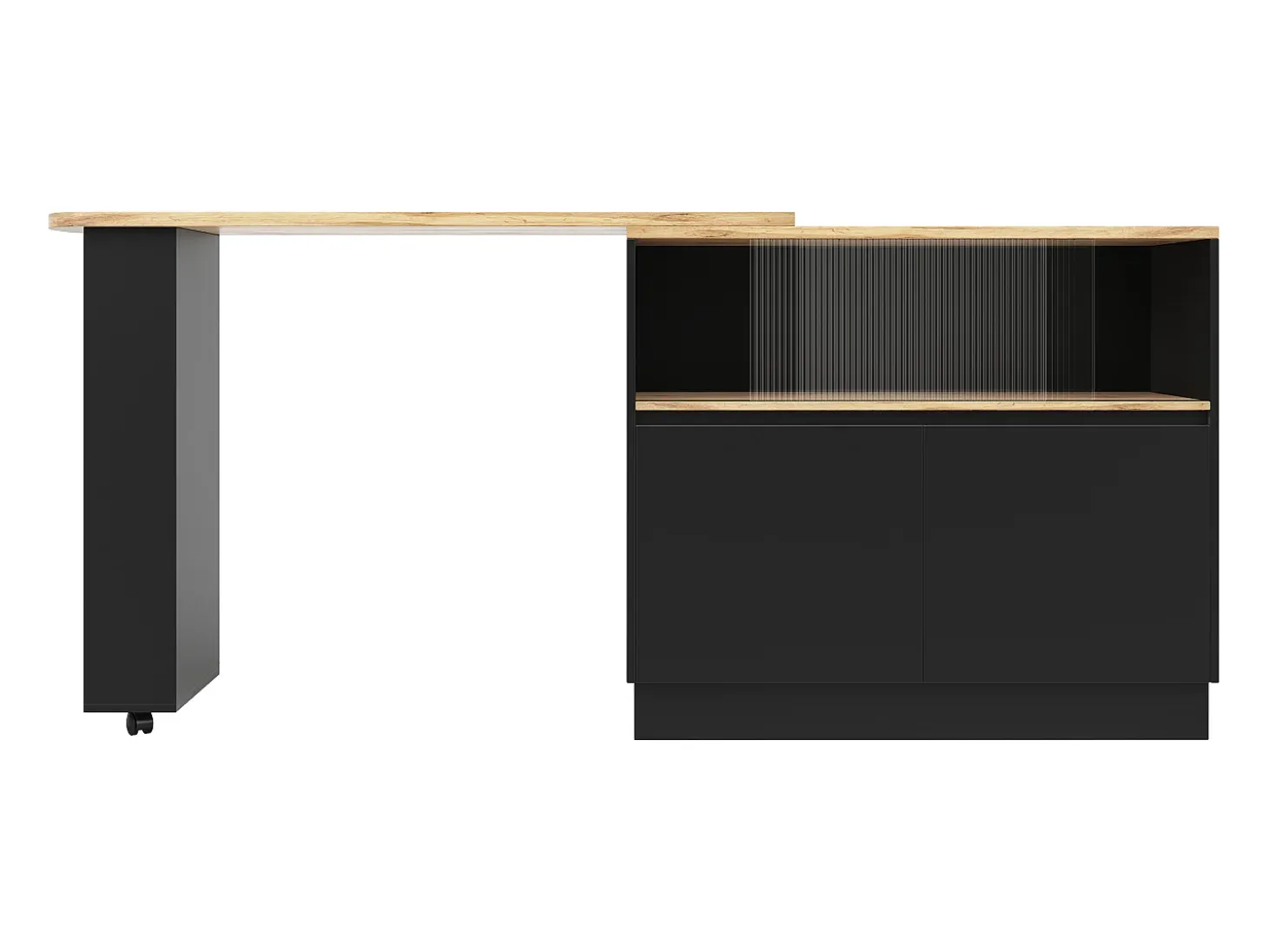Aparador negro, aparador de cocina con 2 puertas de cristal y 2 de MDF, encimera giratoria