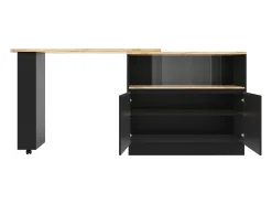 Aparador negro, aparador de cocina con 2 puertas de cristal y 2 de MDF, encimera giratoria