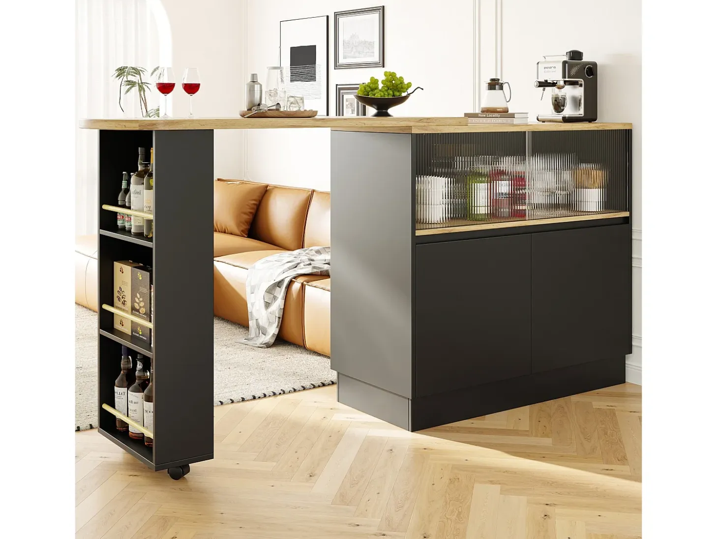 Aparador negro, aparador de cocina con 2 puertas de cristal y 2 de MDF, encimera giratoria