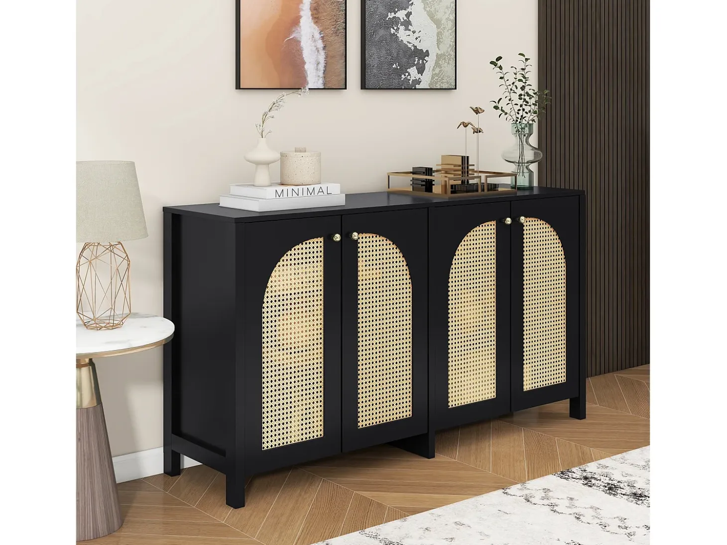 Aparador negro con 4 puertas de ratán y estantes regulables, tiradores de metal, para salón y comedor