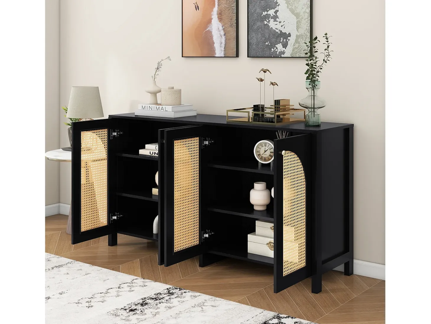 Aparador negro con 4 puertas de ratán y estantes regulables, tiradores de metal, para salón y comedor