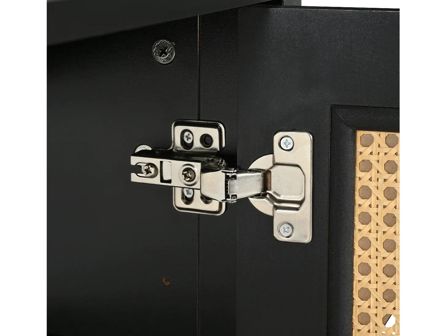 Aparador negro con 4 puertas de ratán y estantes regulables, tiradores de metal, para salón y comedor