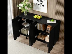 Aparador negro con 4 puertas texturizadas y patas cilíndricas - para salón y comedor