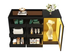 Aparador negro con cristal, 6 estantes correderos, puerta calada, para cocina, comedor, salón