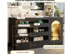 Aparador negro con cristal, 6 estantes correderos, puerta calada, para cocina, comedor, salón