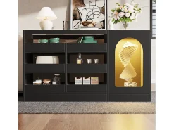Aparador negro con cristal, 6 estantes correderos, puerta calada, para cocina, comedor, salón