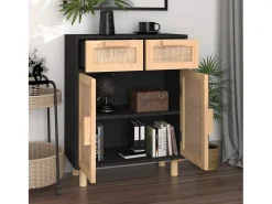 Aparador negro madera pino maciza y ratán natural 60x30x75 cm ES27568
