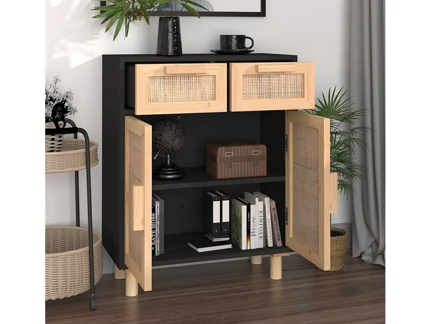 Aparador negro madera pino maciza y ratán natural 60x30x75 cm ES27568