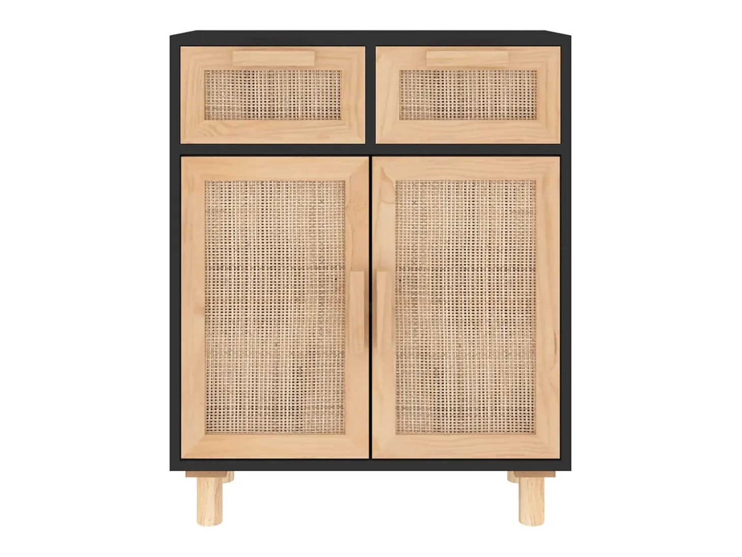 Aparador negro madera pino maciza y ratán natural 60x30x75 cm ES27568