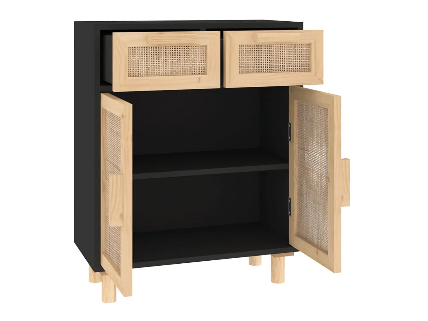 Aparador negro madera pino maciza y ratán natural 60x30x75 cm ES27568