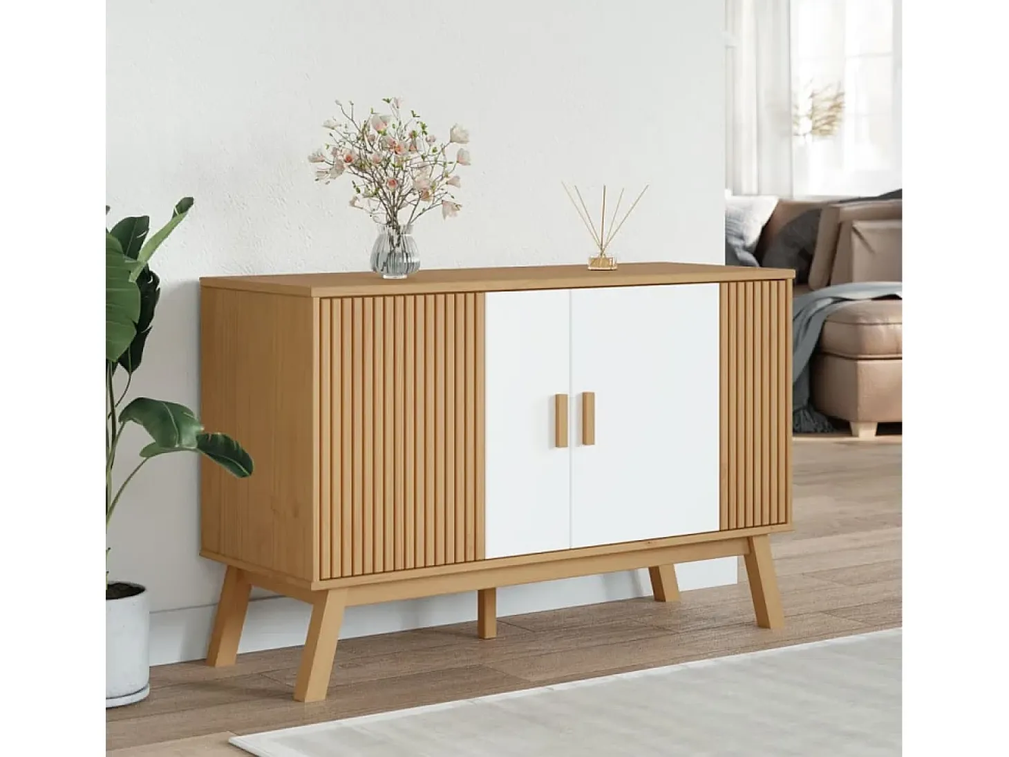 Aparador OLDEN blanco y marrón 114x43x73,5 cm madera maciza de pino