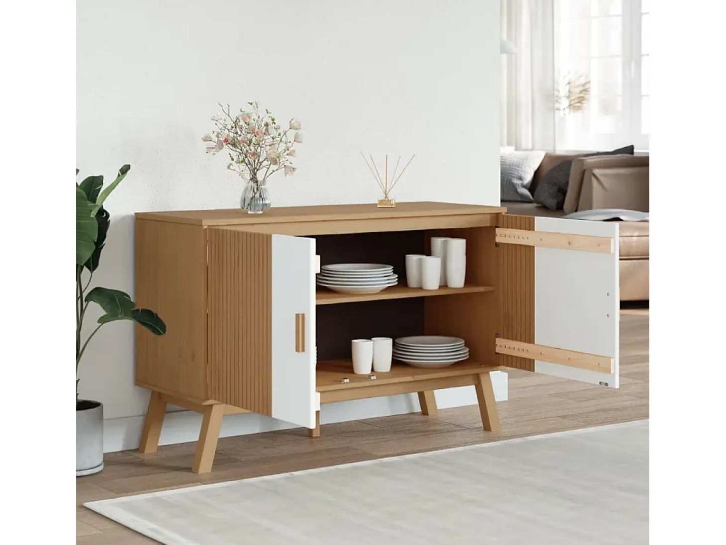 Aparador OLDEN blanco y marrón 114x43x73,5 cm madera maciza de pino