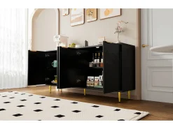 Aparador para salón - 160 x 40 x 80 cm - con 4 puertas + patas lacadas + tiradores de metal dorado - aglomerado - negro