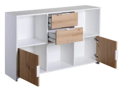 Aparador Pepeto 2 cajones, 2 puertas, 3 estantes blanco, decoración roble artesanal.