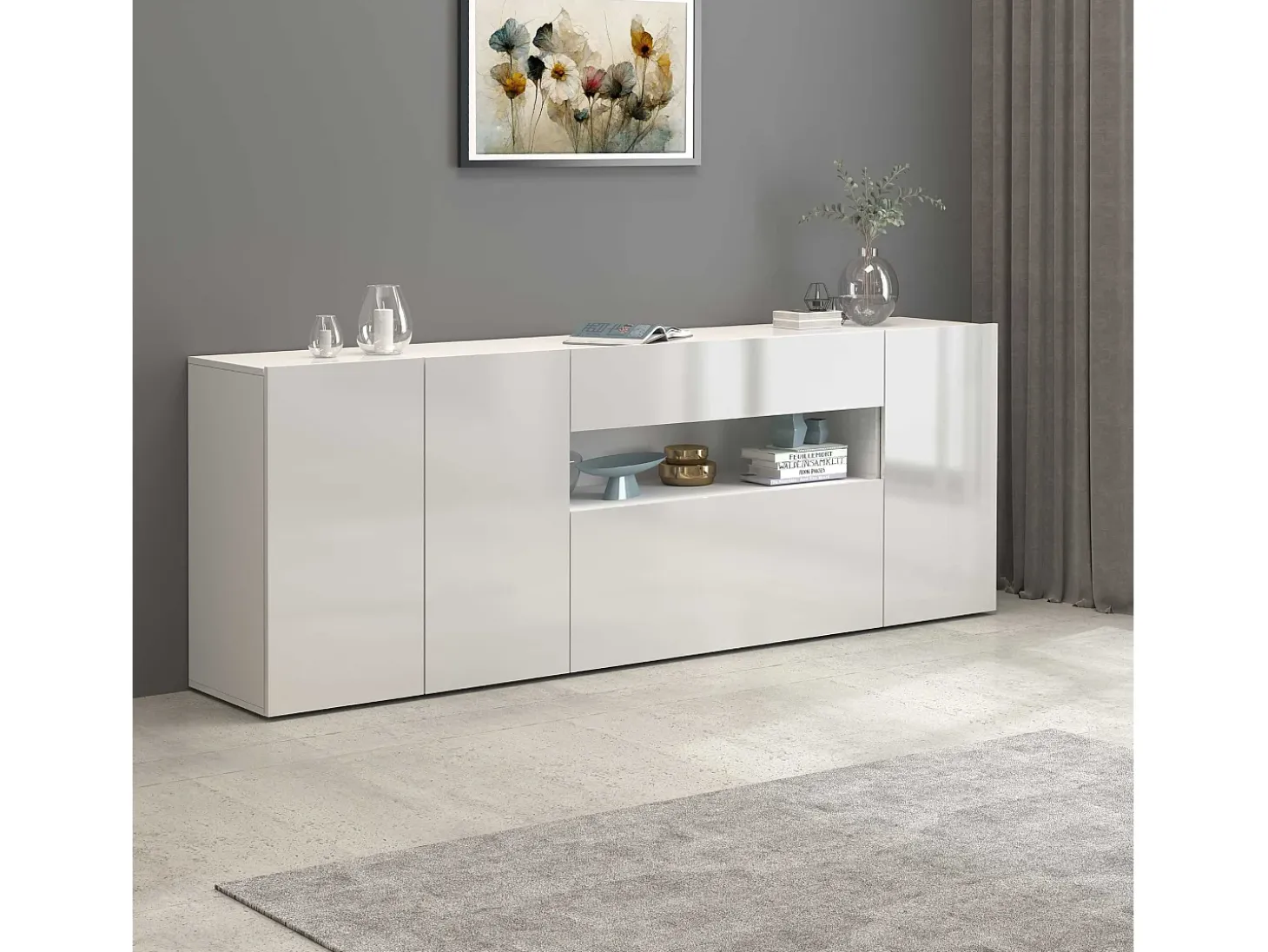 Aparador Potenza con 3 puertas, 1 abatible y 1 cajón blanco brillo 220x40x81 cm