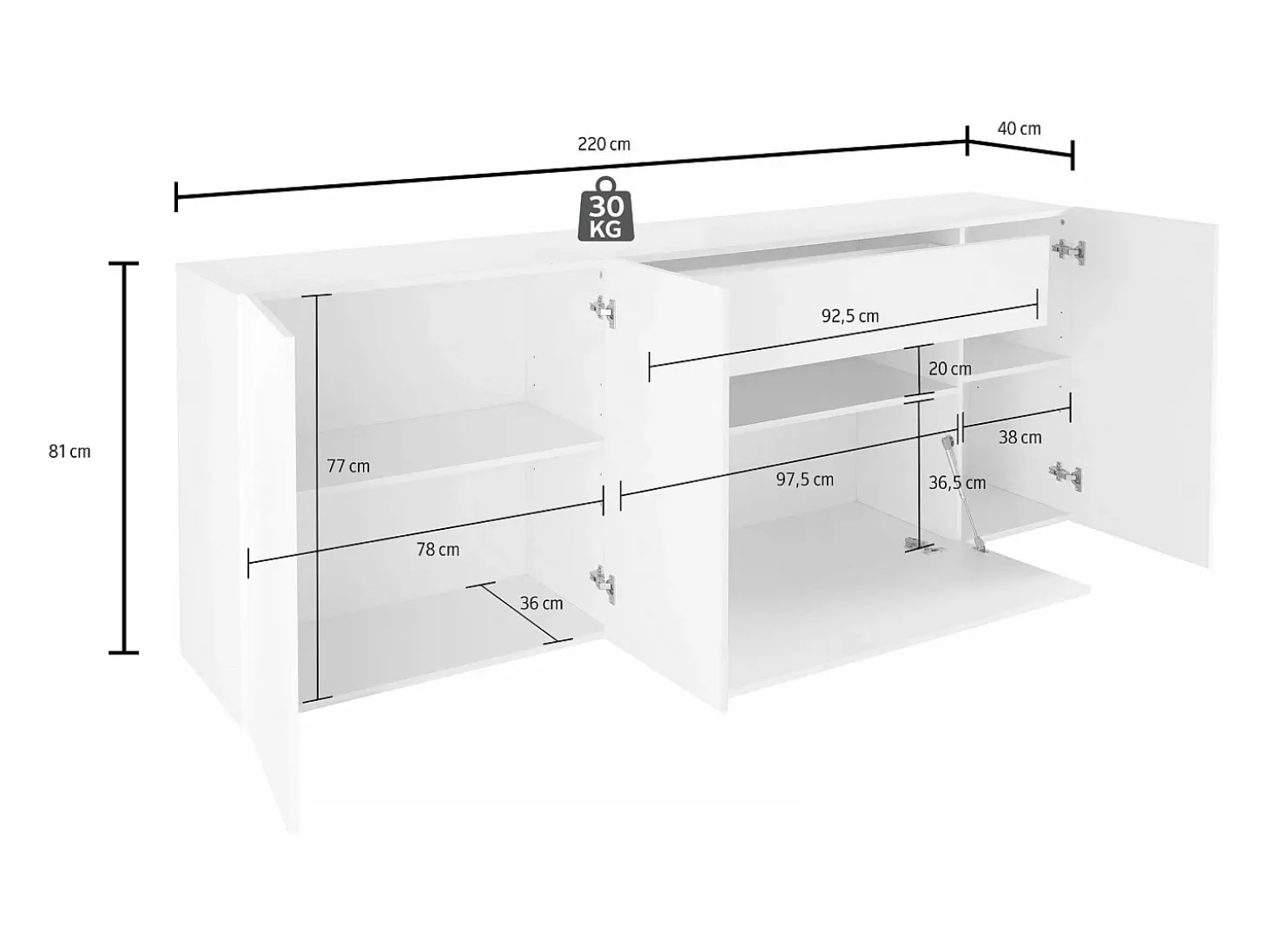 Aparador Potenza con 3 puertas, 1 abatible y 1 cajón blanco brillo 220x40x81 cm