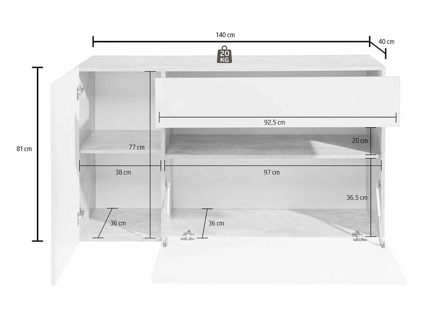 Aparador Potenza con 1 puerta, 1 puerta abatible y 1 cajón blanco brillo 140x40x81 cm