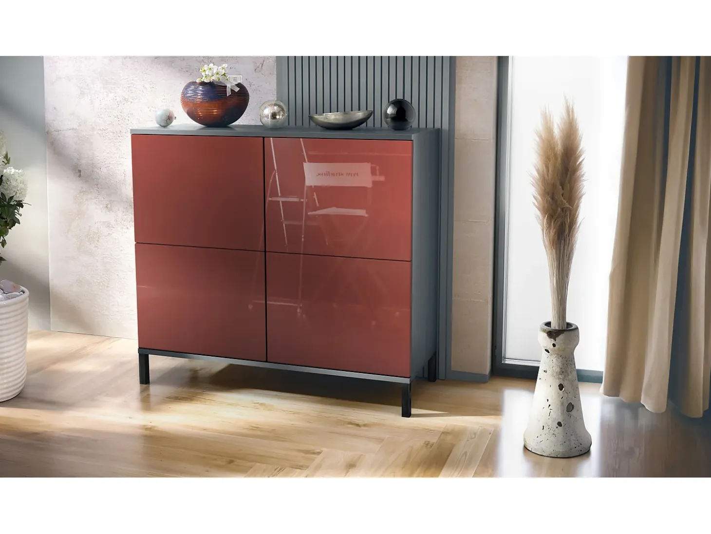 Aparador Rova V3 – Armario de cocina moderno con 4 puertas Push-to-Open antracita mate / burdeos de alto brillo (92,5 x 83.5 x 35)