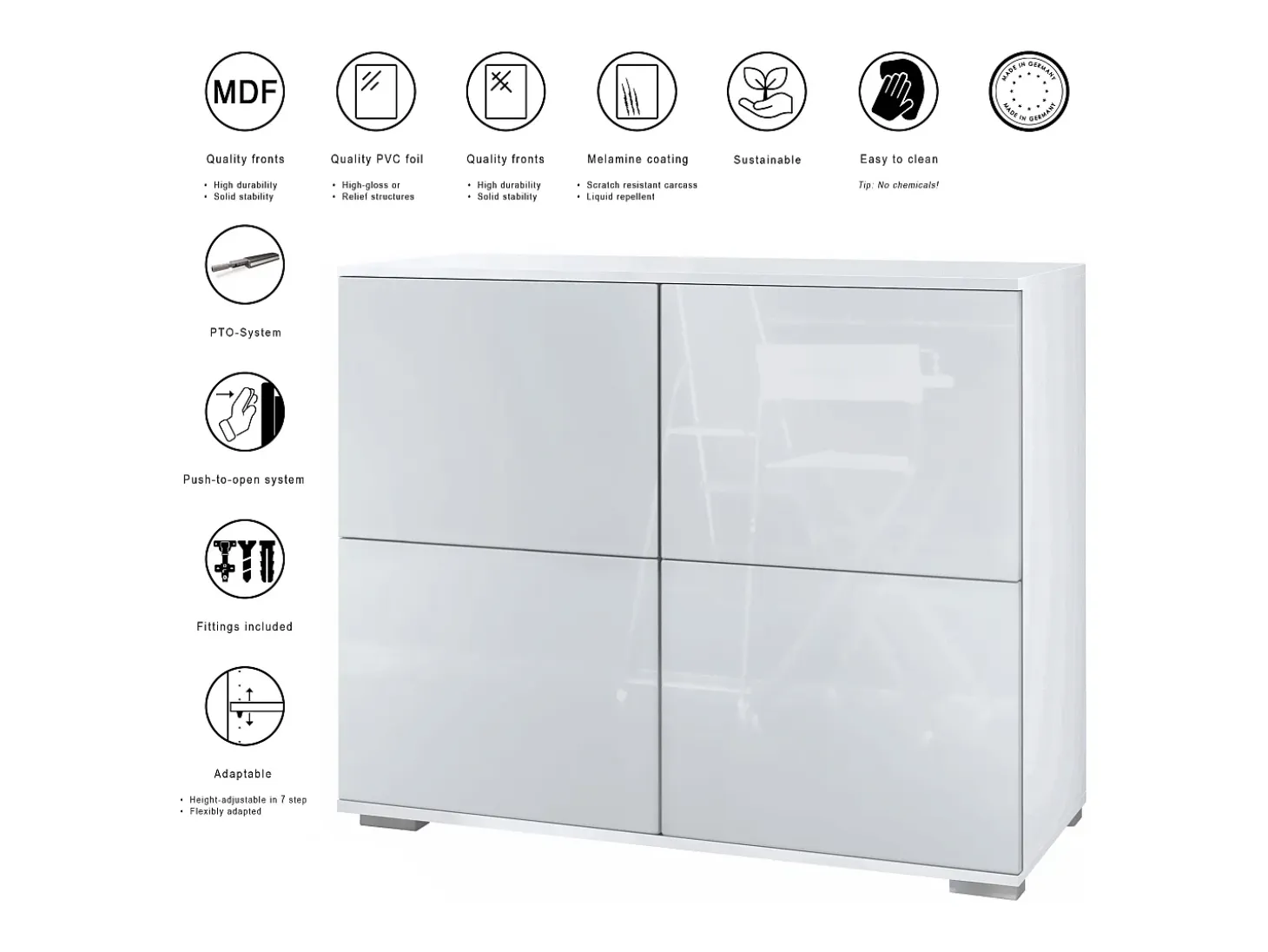 Aparador Rova V3 – Armario de cocina moderno con 4 puertas Push-to-Open blanco mate / gris arena de alto brillo (92,5 x 75.5 x 35)