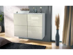 Aparador Rova V3 – Armario de cocina moderno con 4 puertas Push-to-Open blanco mate / crema de alto brillo (92,5 x 73.5 x 35)