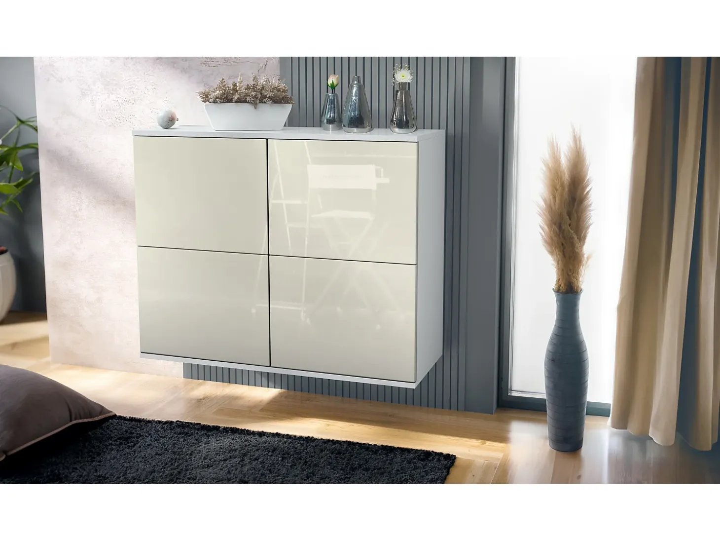 Aparador Rova V3 – Armario de cocina moderno con 4 puertas Push-to-Open blanco mate / crema de alto brillo (92,5 x 73.5 x 35)