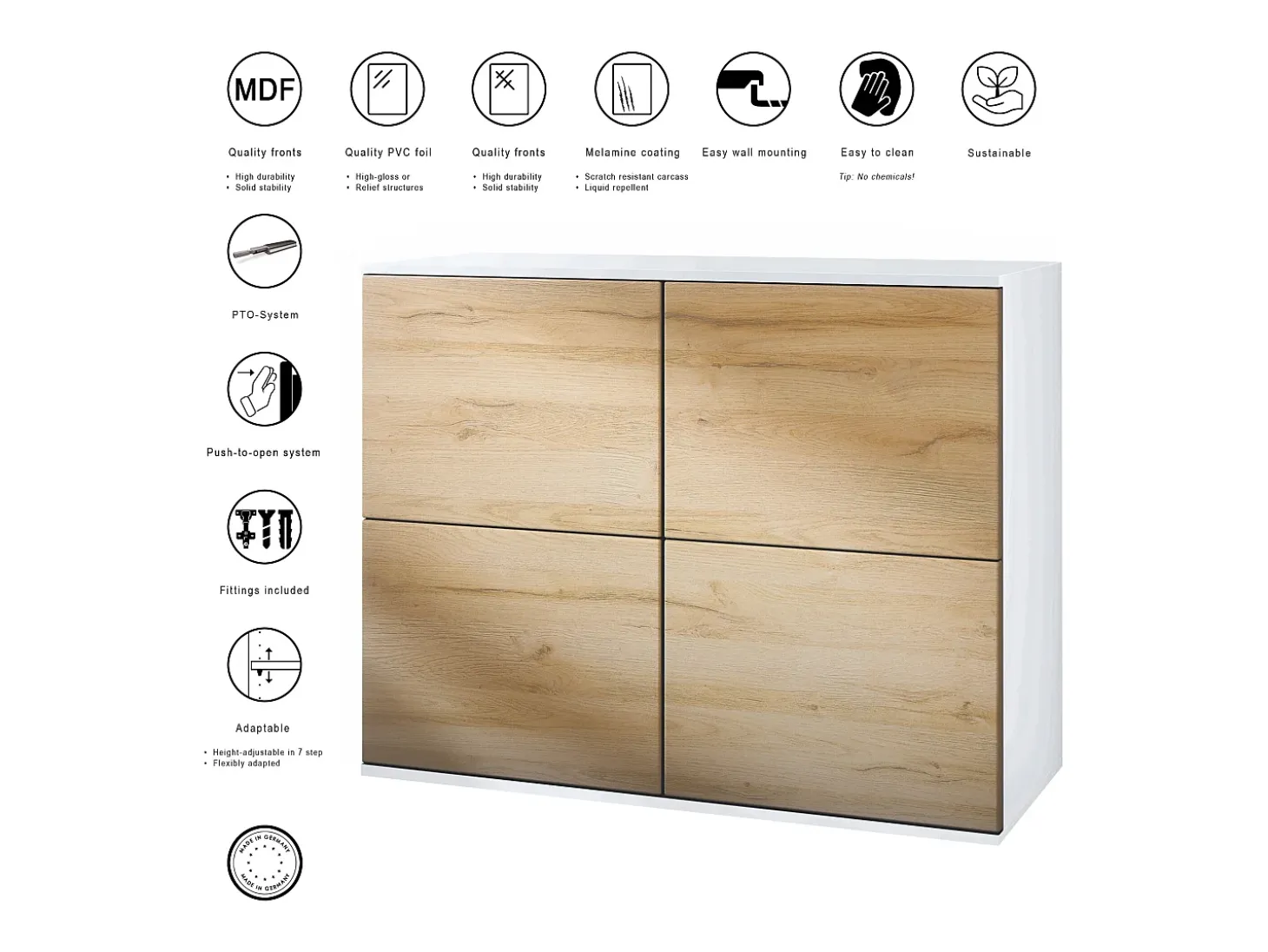Aparador Rova V3 – Armario de cocina moderno con 4 puertas Push-to-Open blanco mate / gris de alto brillo (92,5 x 73.5 x 35)