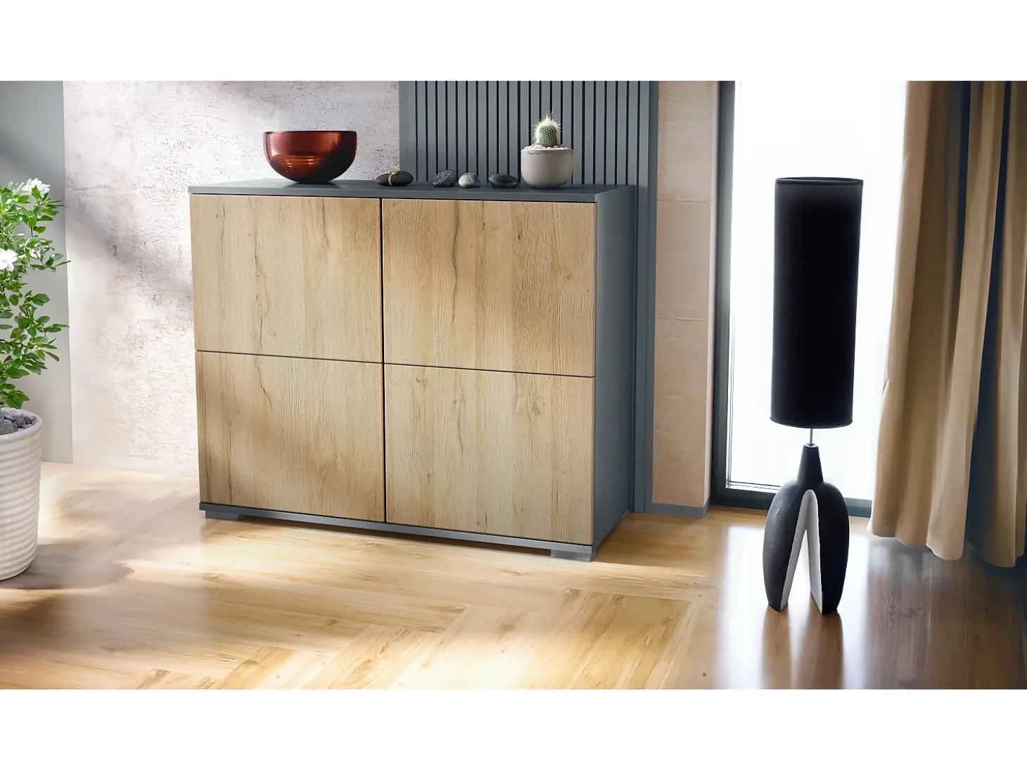 Aparador Rova V3 – Armario de cocina moderno con 4 puertas Push-to-Open antracita mate / roble natural (92,5 x 75.5 x 35)