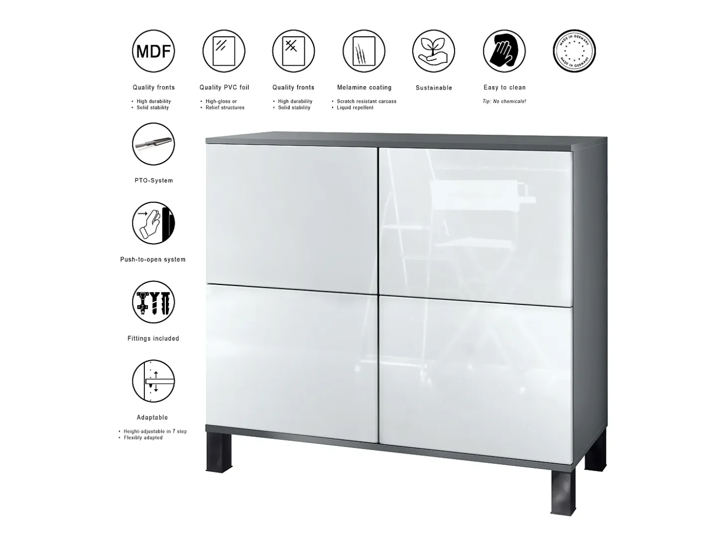 Aparador Rova V3 – Armario de cocina moderno con 4 puertas Push-to-Open antracita mate / aspecto en bronce (92,5 x 84.5 x 35)