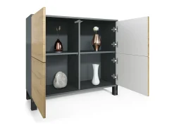 Aparador Rova V3 – Armario de cocina moderno con 4 puertas Push-to-Open antracita mate / burdeos de alto brillo (92,5 x 84.5 x 35)