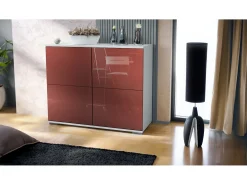 Aparador Rova V3 – Armario de cocina moderno con 4 puertas Push-to-Open blanco mate / burdeos de alto brillo (92,5 x 75.5 x 35)