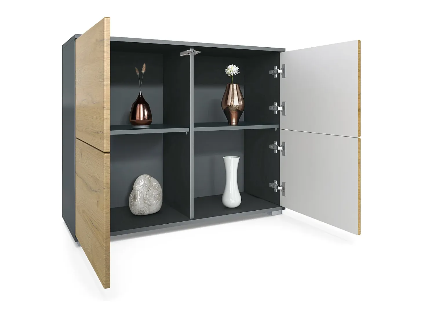 Aparador Rova V3 – Armario de cocina moderno con 4 puertas Push-to-Open antracita mate / gris de alto brillo (92,5 x 75.5 x 35)