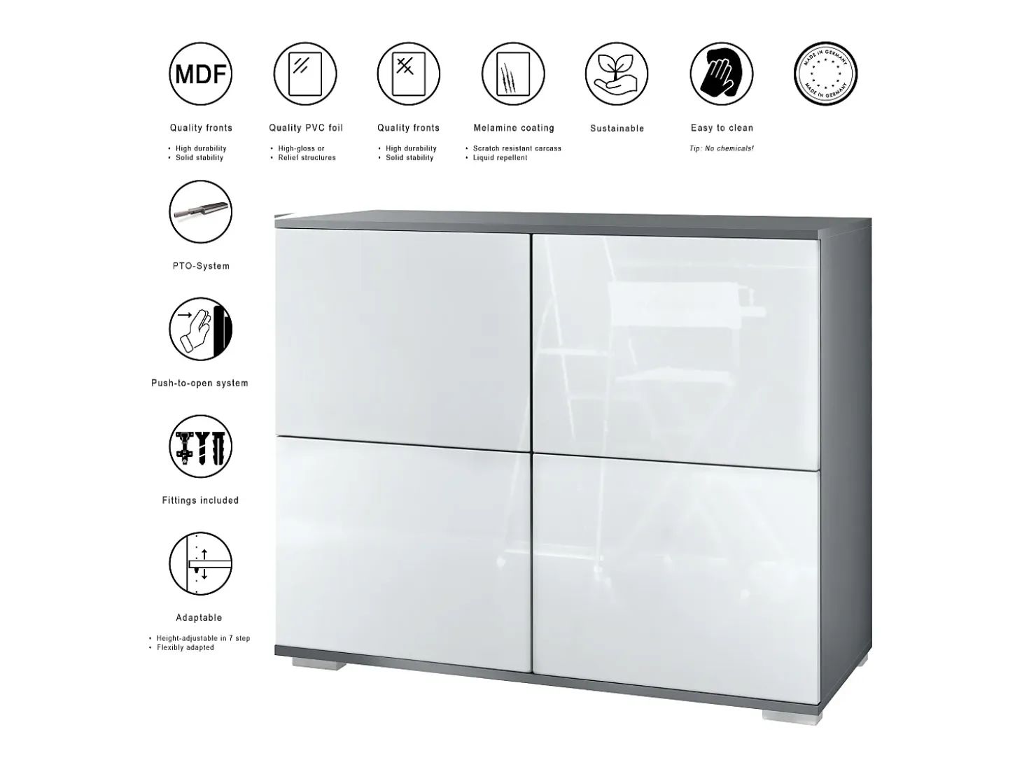 Aparador Rova V3 – Armario de cocina moderno con 4 puertas Push-to-Open antracita mate / gris de alto brillo (92,5 x 75.5 x 35)