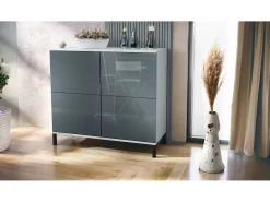 Aparador Rova V3 – Armario de cocina moderno con 4 puertas Push-to-Open blanco mate / gris de alto brillo (92,5 x 83.5 x 35)