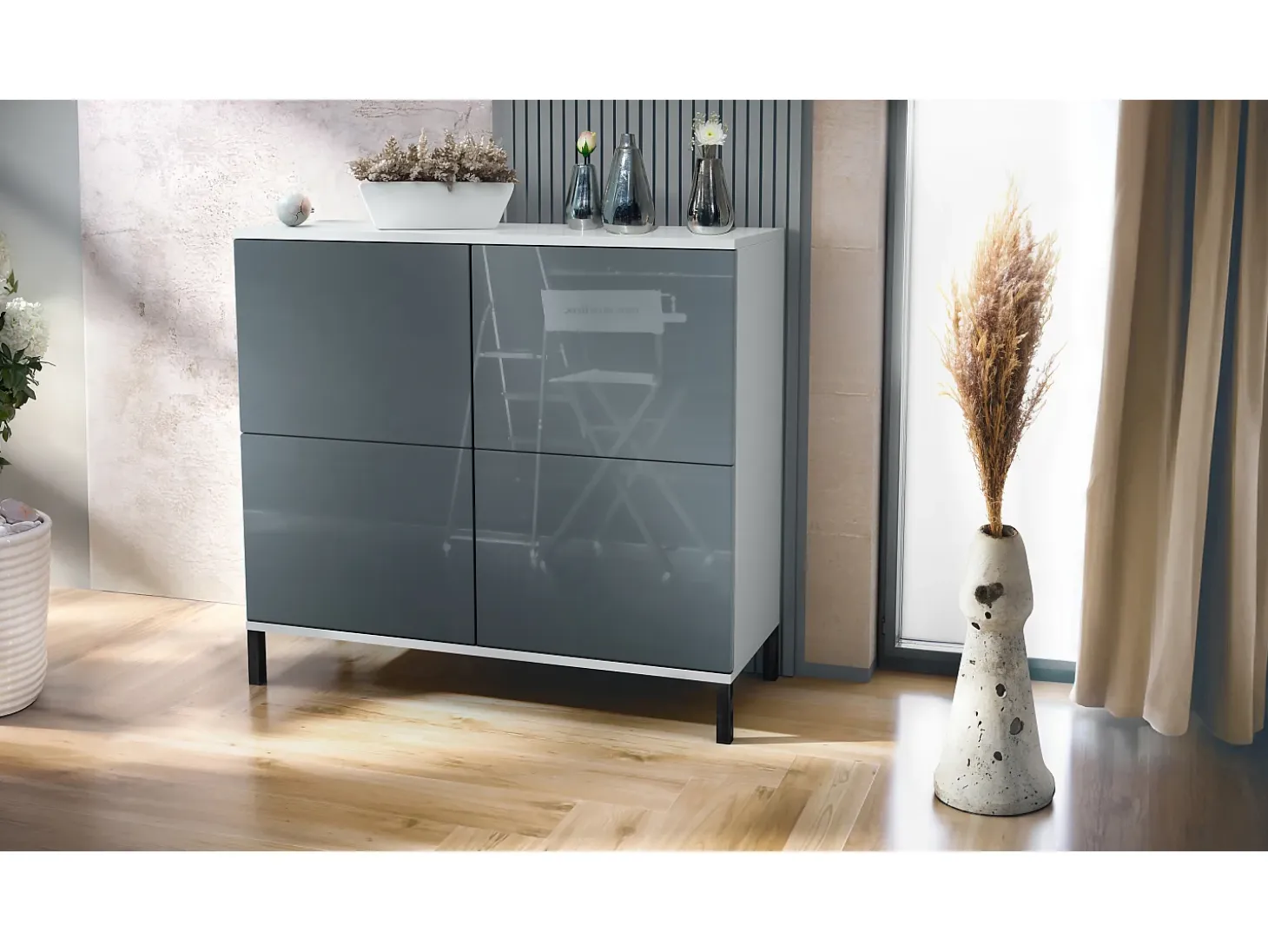 Aparador Rova V3 – Armario de cocina moderno con 4 puertas Push-to-Open blanco mate / gris de alto brillo (92,5 x 83.5 x 35)