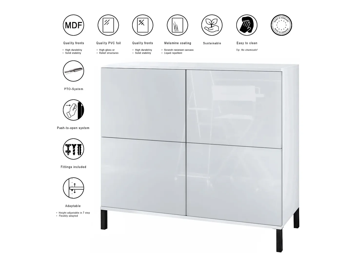 Aparador Rova V3 – Armario de cocina moderno con 4 puertas Push-to-Open blanco mate / gris de alto brillo (92,5 x 83.5 x 35)