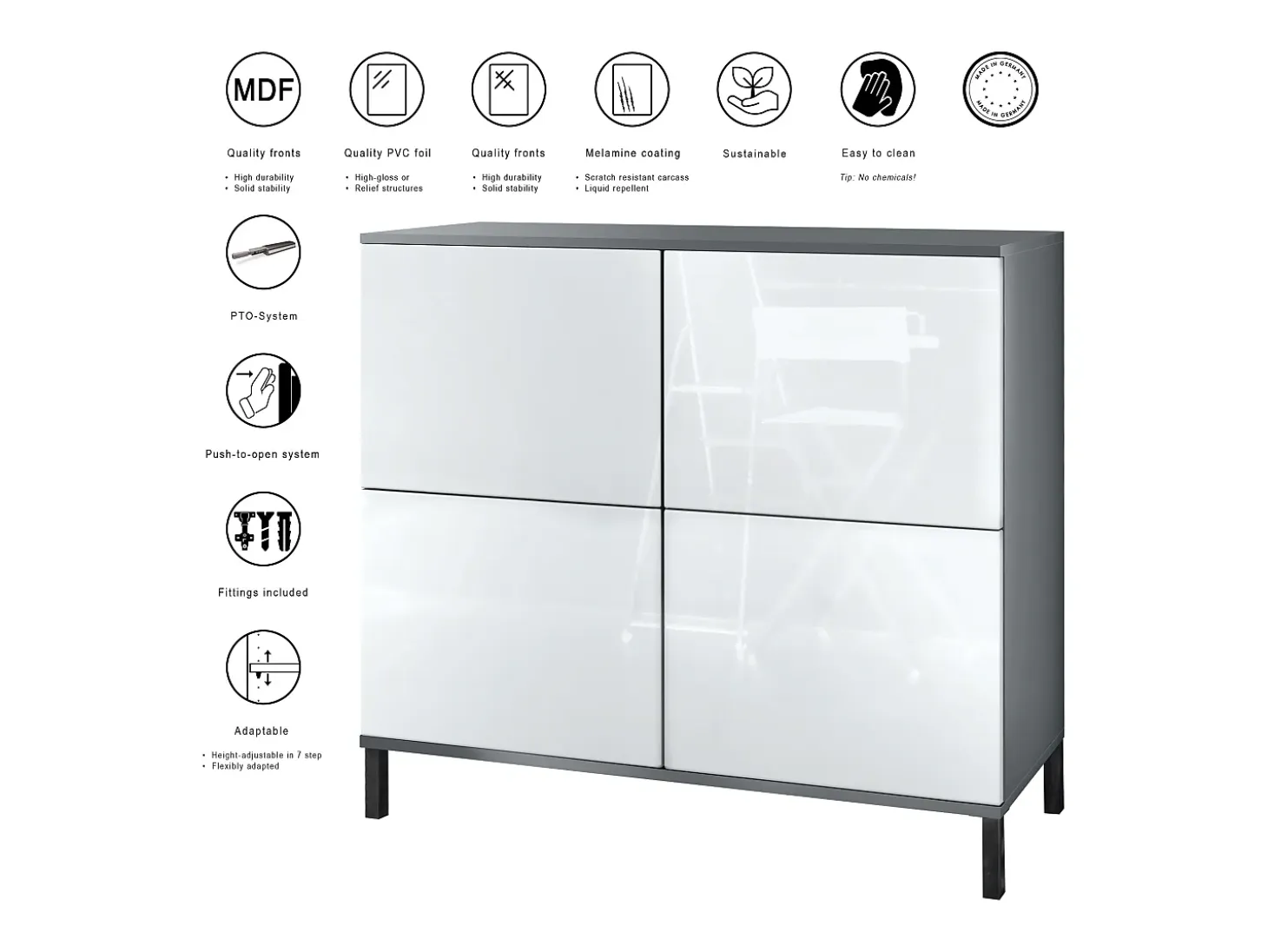 Aparador Rova V3 – Armario de cocina moderno con 4 puertas Push-to-Open antracita mate / crema de alto brillo (92,5 x 83.5 x 35)